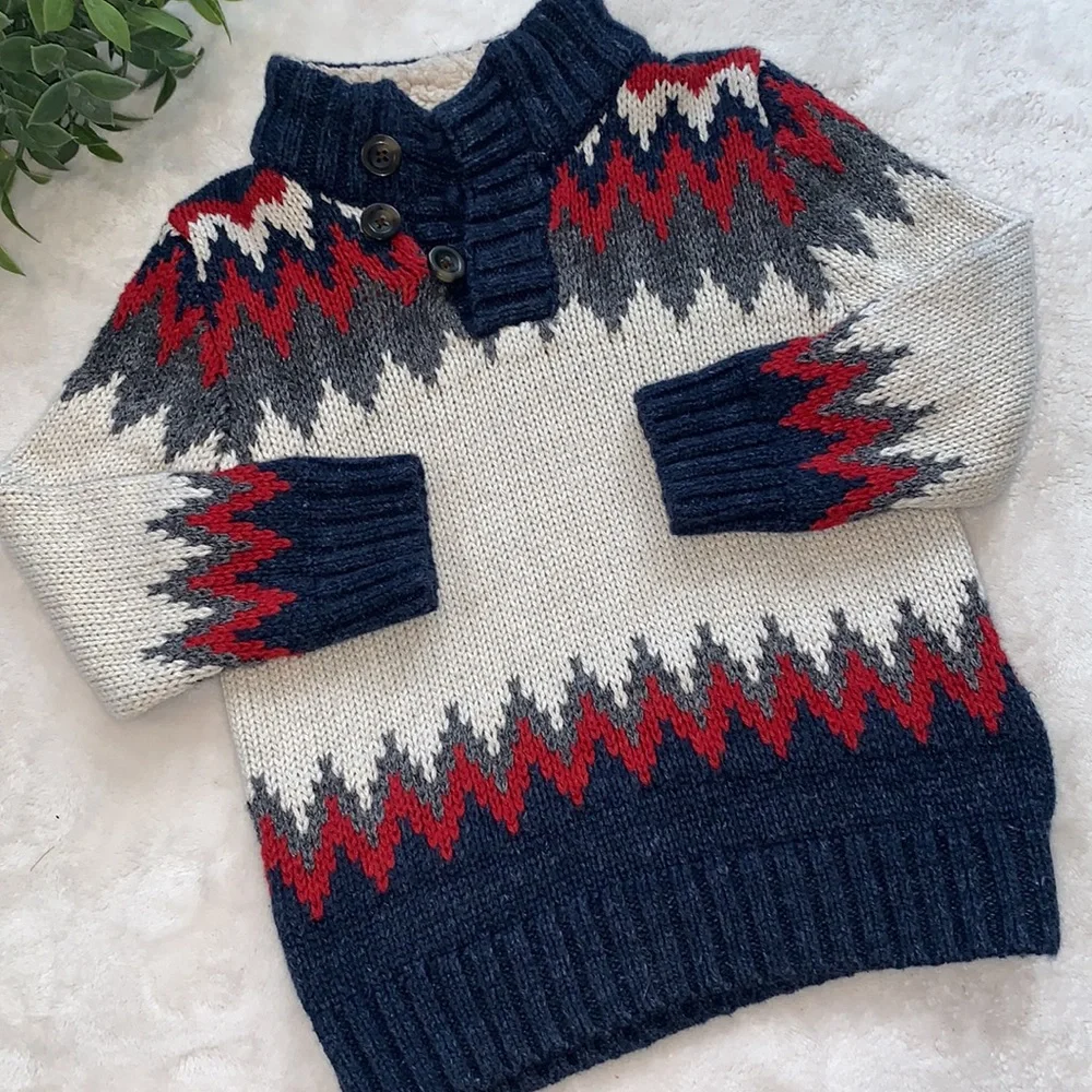 GAP Baby Boy Knit Sweater 18-24M Blue Cream Red Gray EUC